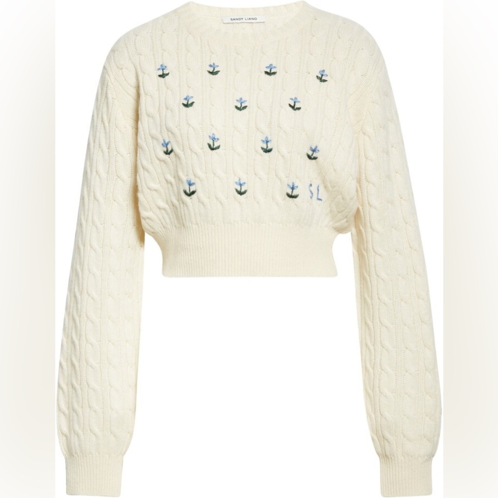 Sandy Liang Floral Embroidered Cable Knit Crop Half Sweater in Panna Cotta, S